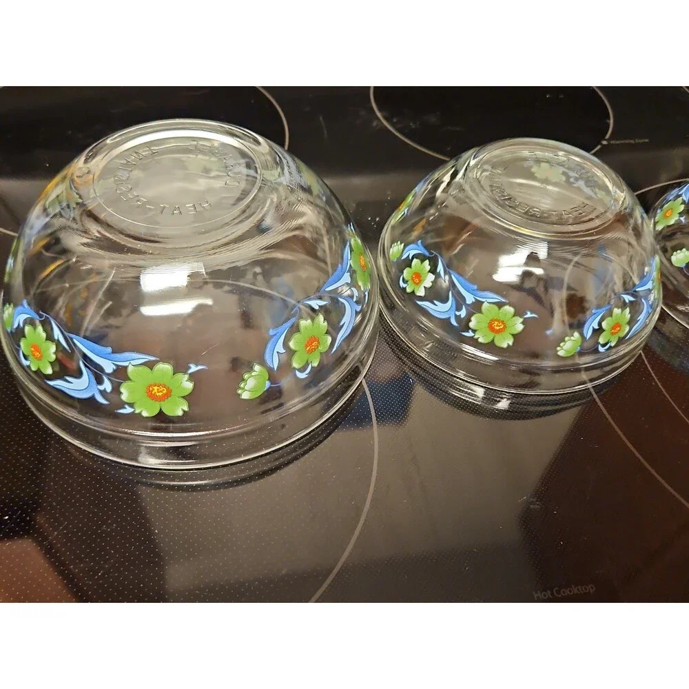 Set Of 4 Imperial Glass Green Sunflower Blue Leaves Nesting Bowls EUC